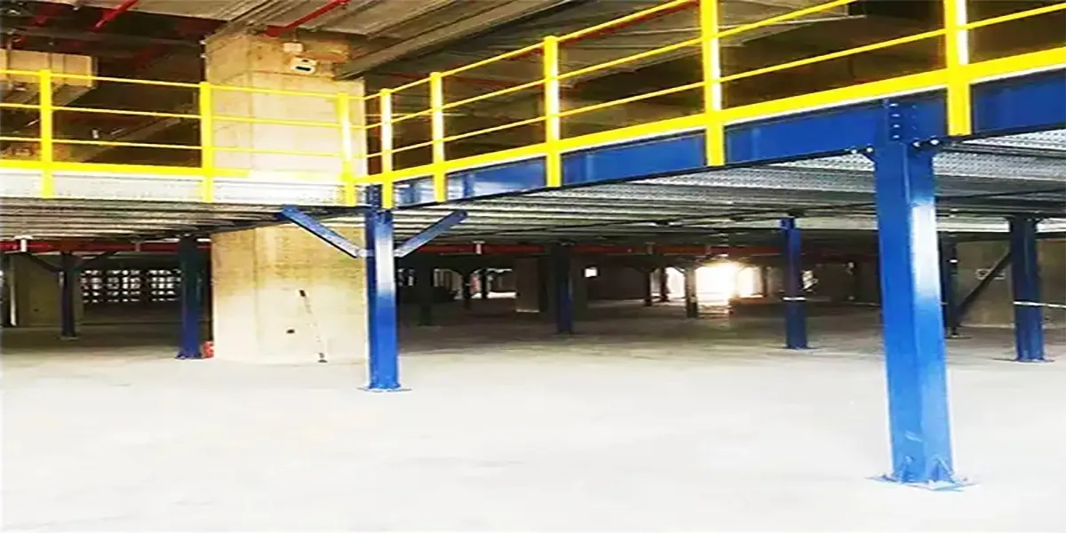 Warehouse mezzanine with open steel grating deck